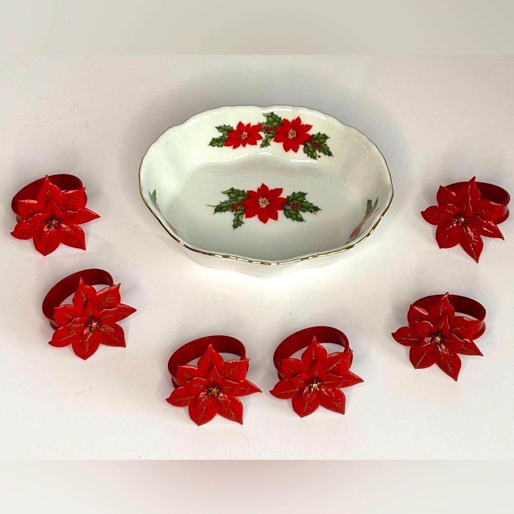 LEFTON CHINA POINSETTIA BOWL & POINSETTIA NAPKIN RINGS